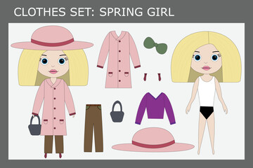 A set of clothes for a little beautiful girl in the spring: coat, hat, jacket, pants, bag, boots. Outfit for a child in spring
