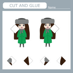 Vector illustration of an cute  little girl who needs to pick up and cut out the missing detail. Educational paper game for kids. Cutout and gluing
