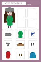 Educational game for a child: choose the clothes the girl is wearing from all the options, cut and glue