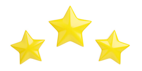 Three yellow stars for customer review concept - 3d render illustration of best product or service that customers have appreciated. Stellar composition for bestseller or positive user rating.