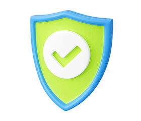 Shield with tick 3d render - security and safety concept with check mark on shield on transparent background. Protection and privacy symbol. Internet data or password security guarantee sign.