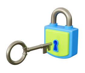 Closed padlock with key 3d render illustration. Metal key near hole in secured blue and green lock for private data safety and protection concept.