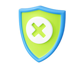 Obraz premium Shield with cross sign 3d render illustration to indicate error or unsecured connection. Cross on blue-green panel for personal data protection. Guard shows incorrect filling or unprotected network.