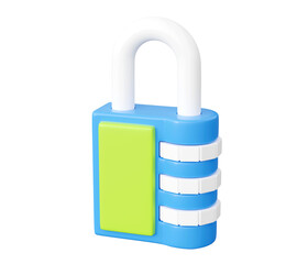 Code lock 3d render - cartoon illustration of blue and green closed combination padlock for private data safety and protection concept. Personal safety on Internet and networking.