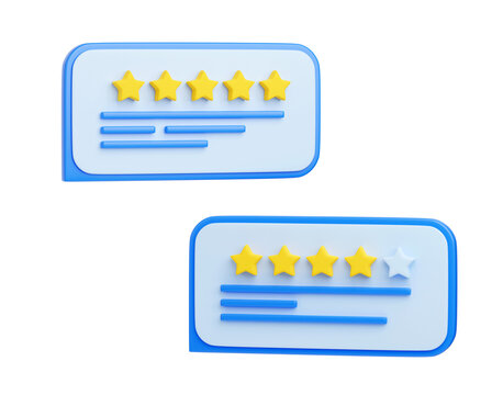 Customer Review 3d Render Illustration - Stars And Text Message On Speech Bubble. Positive Client Experience Concept. Opinion And Satisfaction Of Customers For Request To Rate And Leave Review.