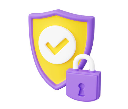 Shield with tick and padlock 3d render - security and safety concept with check mark on shield with closed lock. Protection and privacy symbol. Internet data or password security guarantee sign.