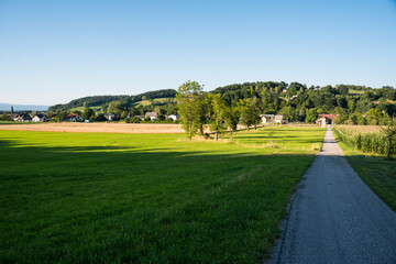 Lower Austria highlands landscape in summer, beautiful forests, meadows, farms, blue sky and puffy...