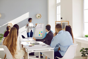 Obraz premium Friendly business woman talks about new marketing strategy during office meeting. Male and female colleagues sit at long table and listen to dark-skinned woman standing at whiteboard and talking.