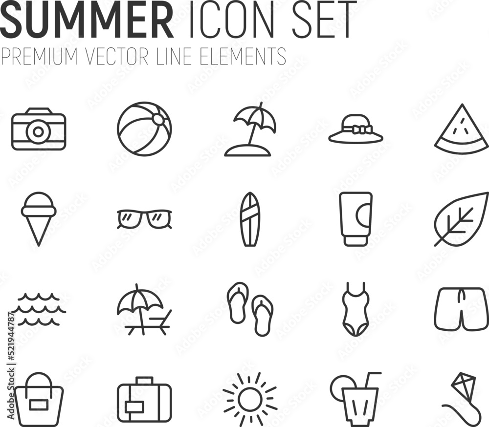 Poster simple line set of summer icons.