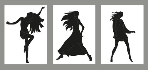 Poster set. A young girl in a dress and barefoot dances (vector drawing silhouette)