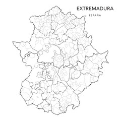 Geopolitical Vector Map of the Autonomous Community of Extremadura with Provinces, Judicial Areas, Comarques (Comarcas), Mancomunidades Integrales, and Municipalities as of 2022 - Spain