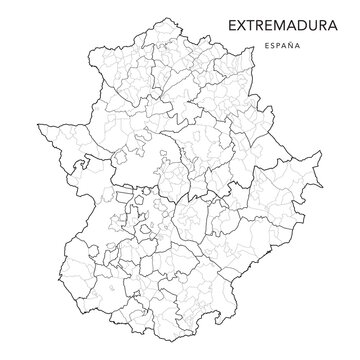 Geopolitical Vector Map of the Autonomous Community of Extremadura with Provinces, Judicial Areas, Comarques (Comarcas), Mancomunidades Integrales, and Municipalities as of 2022 - Spain