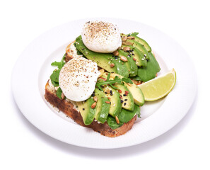 Freshly made poached egg and Avocado toasts isolated on white background