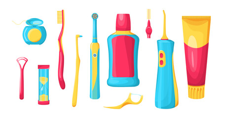 Tools for dental care vector illustrations set. Equipment and products for cleaning mouth or teeth, toothpaste, toothbrush, mouthwash isolated on white background. Oral hygiene, health concept