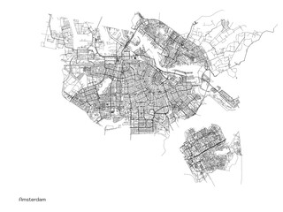 Amsterdam city map with roads and streets, Netherlands. Vector outline illustration.
