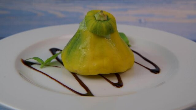 Recipe for mini patissons stuffed with mozarella, basil, tomato and balsamic vinegar on turntable, High quality photo