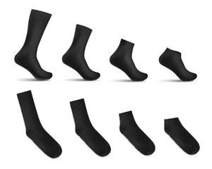 Set of black realistic sock mockups, vector illustration