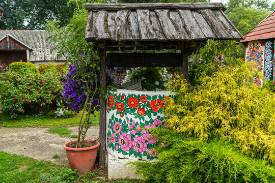 Colorful garden in Poland rural traditional village