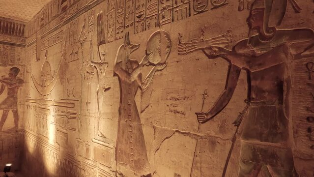 Carved well preserved hieroglyphs at the inside of Deir El-Medina temple, Luxor. Egypt
