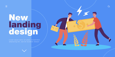 Obraz premium Conflict of two business competitors pulling money. Fight over cash banknote of tiny male characters flat vector illustration. Financial battle concept for banner, website design or landing web page