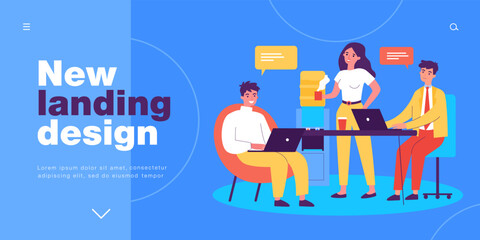 Coffee break of business people sitting at table with laptops. Male and female employees working in office flat vector illustration. Meeting concept for banner, website design or landing web page