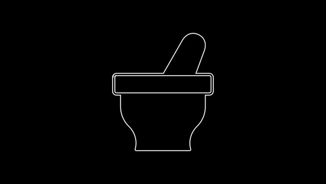 White line Mortar and pestle icon isolated on black background. 4K Video motion graphic animation