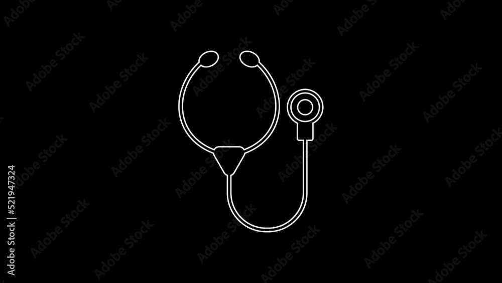 Sticker White line Stethoscope medical instrument icon isolated on black background. 4K Video motion graphic animation