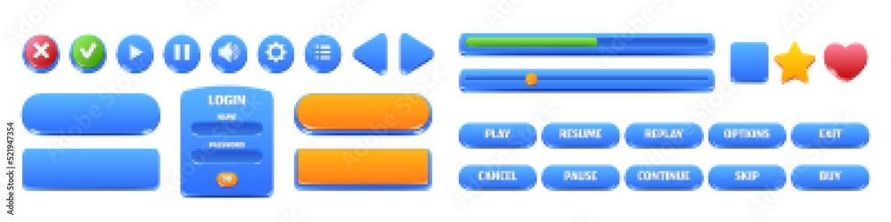 Poster glossy blue buttons and frames for ui game interface. vector cartoon set of gui elements, square, st