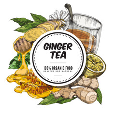 Ginger tea label with empty frame for text, sketch vector illustration. - obrazy, fototapety, plakaty