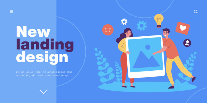 Bloggers share of online creative content to audience. Tiny man and woman holding picture flat vector illustration. Social media, influence concept for banner, website design or landing web page