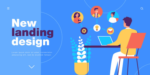 Business communication of employee with partners. Man using laptop for emails, idea exchange and workflow flat vector illustration. Teamwork concept for banner, website design or landing web page