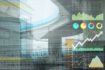 Double exposure blurred abstract image of urban buildings and elevated expressway  with graph, chart and candlestick stock symbol for property business background.