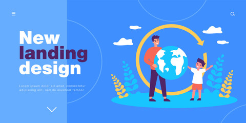 Father turning Earth globe to show son travel locations. Hands of man rotating planet in circle flat vector illustration. Journey, trip, tourism concept for banner, website design or landing web page