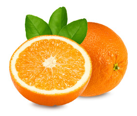 half orange fruit with green leaves isolated on white background. clipping path