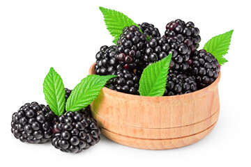 blackberries with leaves in wooden bowl isolated on white background. clipping path