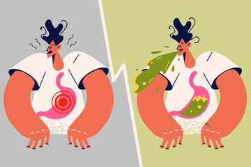 Unhealthy man suffer from indigestion and vomiting 