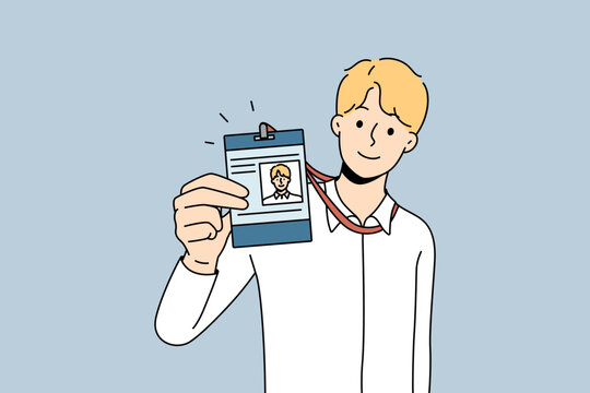 Businessman present ID card in office. Smiling male employee showing personal badge at workplace. Staff document. Vector illustration. 