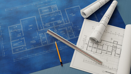 architecture floor plan drawing, 3d rendering