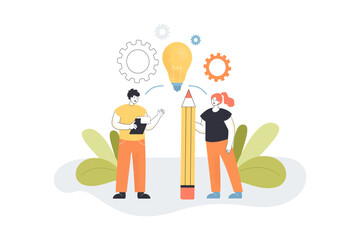 Lightbulb under male and female copywriters. Man and woman having creative idea, writing articles together flat vector illustration. Invention concept for banner, website design or landing web page