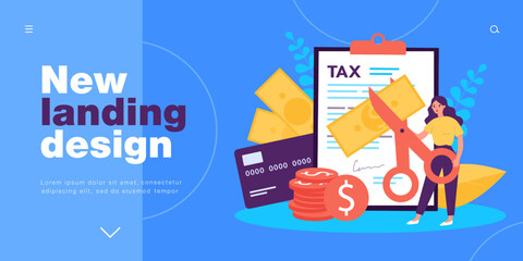 Employee holding scissors to cut banknotes. Reduction of income due to tax deduction for tiny woman flat vector illustration. Taxation, debt concept for banner, website design or landing web page