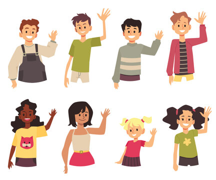 Kids wave their hands in sign of greeting, set of different cartoon characters