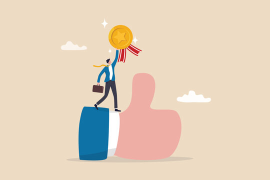 Employee of the month, great manager or success staff winning award, staff appreciation or best office worker concept, success businessman manager celebrating employee award on big thumb up symbol.