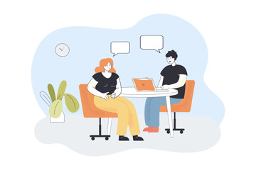 Obraz na płótnie Canvas HR manager interviewing job candidate flat vector illustration. Boss talking with job applicant in office. Recruitment, meeting concept for banner, website design or landing web page