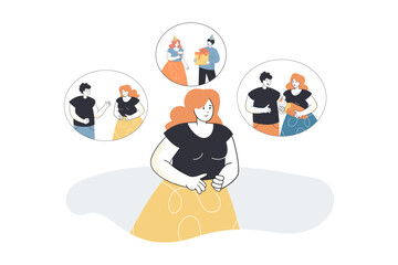 Woman recollecting moments from family life. Celebrating birthday with husband, childbirth and conflicts flat vector illustration. Memory, love concept for banner, website design or landing web page