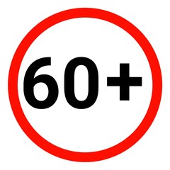 Age restriction sign icon, 60 plus sign 