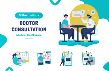Flat design doctor consultation concept for medical healthcare illustration pack