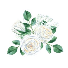 Creamy white rose watercolor wedding bouqet isolated on white background. Roses buttons, leaves and white gypsophila.