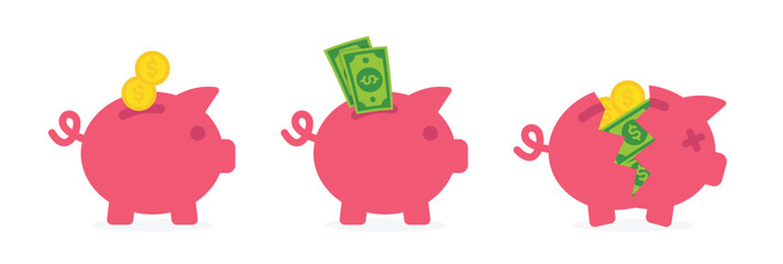 Piggy bank icon set. Containing saving money and broken piggy symbol vector illustration. Financial concept.