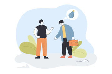 Man looking at sad employee with dead bulb above him. Man burned out at work flat vector illustration. Creativity, stress, failure concept for banner, website design or landing web page