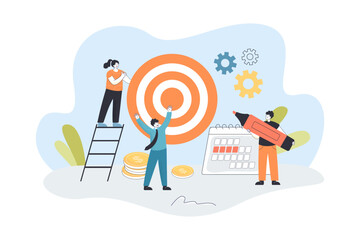 People working on project together flat vector illustration. Employees holding huge target and highlighter. Togetherness, occupation, achievement concept for banner, website design or landing web page